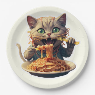 Plato De Papel Gato comiendo espaguetis