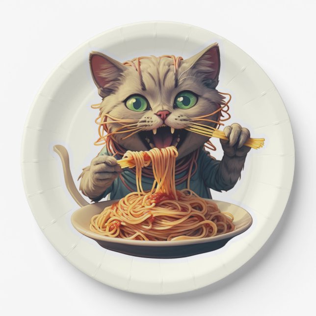 Plato De Papel Gato comiendo espaguetis (Anverso)