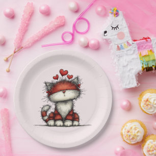 Plato De Papel Gato con Corazones de Amor Rojo Lindo y Divertido