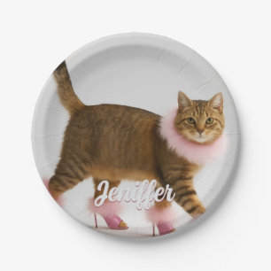 Plato De Papel Gato con estilo en tacones rosas y glamour esponjo