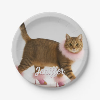 Plato De Papel Gato con estilo en tacones rosas y glamour esponjo
