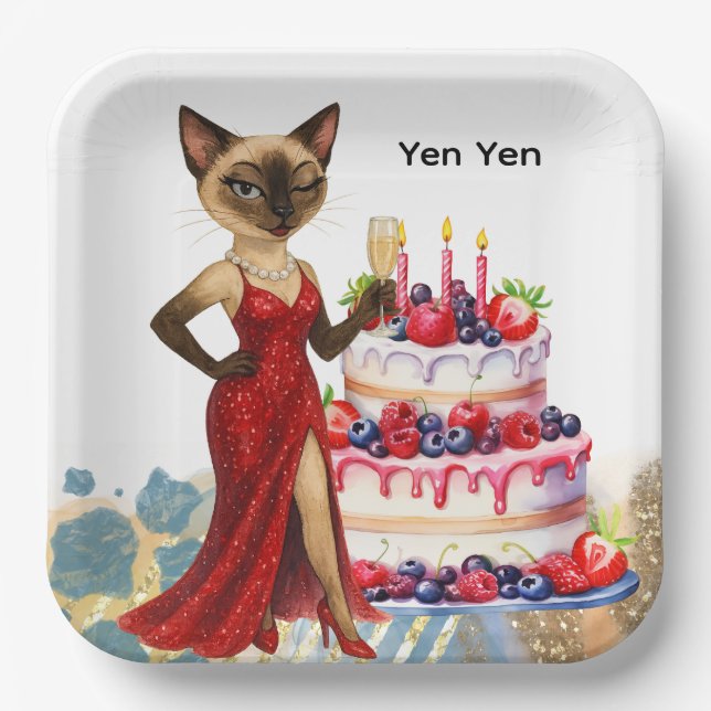 Plato De Papel Gato con gran pastel de cumpleaños  (Anverso)