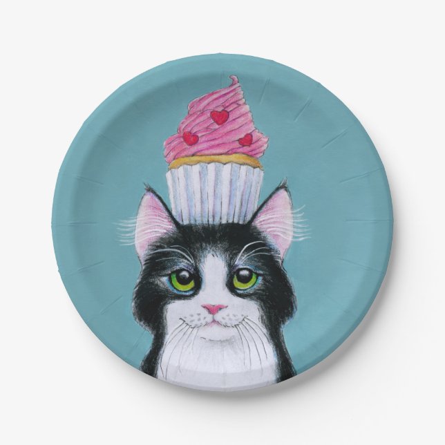 Plato De Papel Gato con pastel rosa (Anverso)