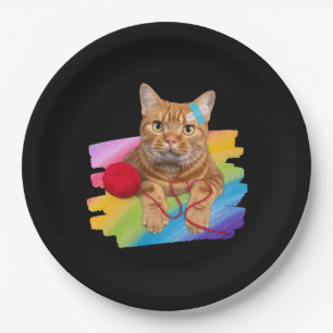 Plato De Papel Gato dañado en fondo arco iris