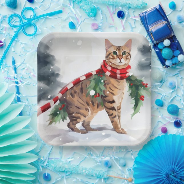 Plato De Papel Gato de Bengala en Navidades de nieve (Fiesta)