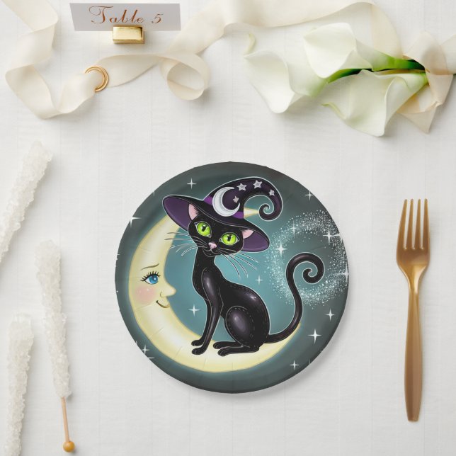 Plato De Papel Gato de bruja en Crescent Moon Halloween Wiccan Wi (Boda)