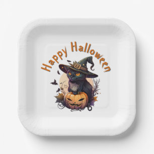 Plato De Papel Gato de bruja para Feliz Halloween