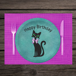 Plato De Papel Gato de cumpleaños elegante con lazo rosa y ojos v
