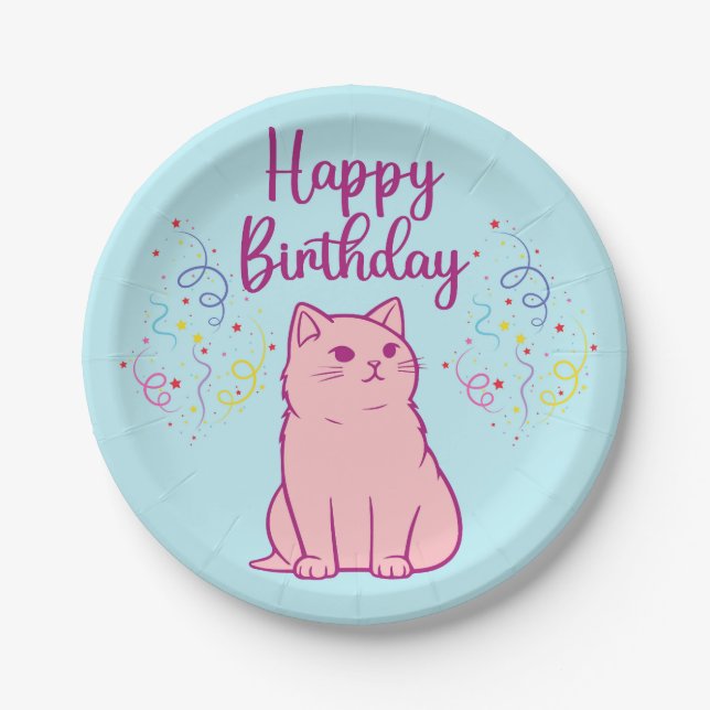 Plato De Papel Gato de cumpleaños feliz (Anverso)