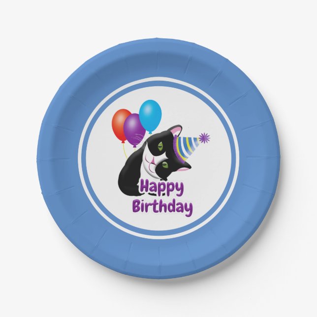 Plato De Papel Gato de cumpleaños feliz (Anverso)