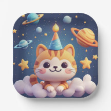 Gato de dibujos animados lindo en nube con sombrer