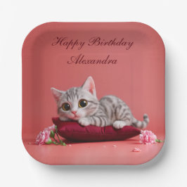 Plato De Papel Gato de enero lindo con claveles