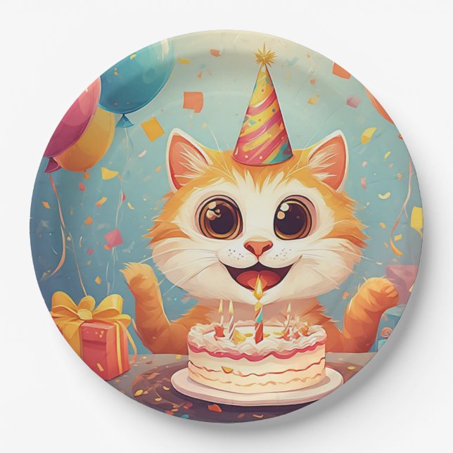 Plato De Papel Gato de fiesta adorable con pastel y globos (Anverso)