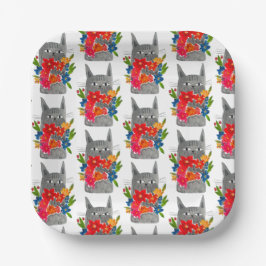 Plato De Papel Gato de flores
