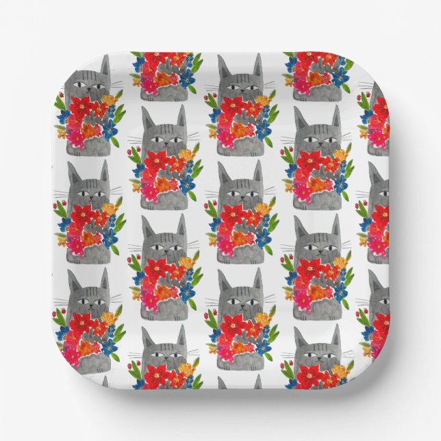 Plato De Papel Gato de flores (Anverso)