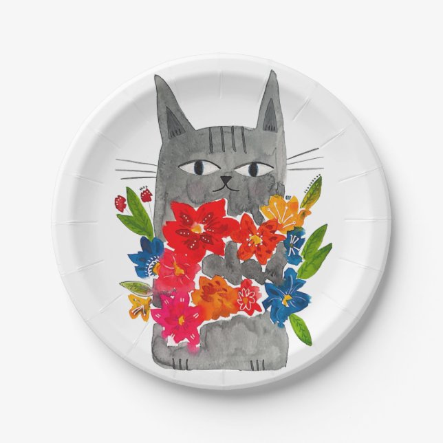 Plato De Papel Gato de flores (Anverso)
