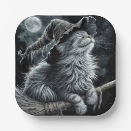 Plato De Papel Gato de Halloween en Escoba