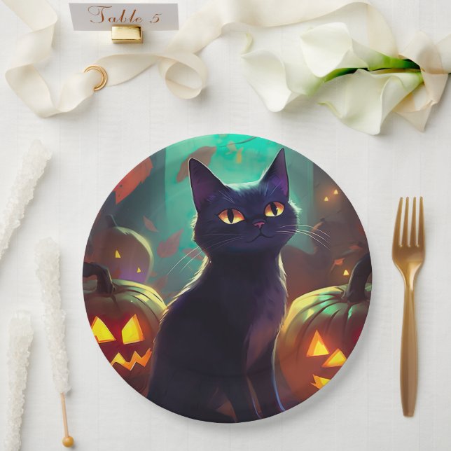 Plato De Papel Gato de Halloween Tuxedo con calabazas aterradoras (Boda)