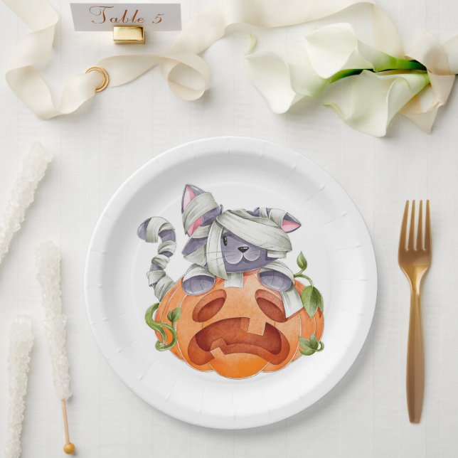 Plato De Papel Gato de Halloween y calabaza (Boda)