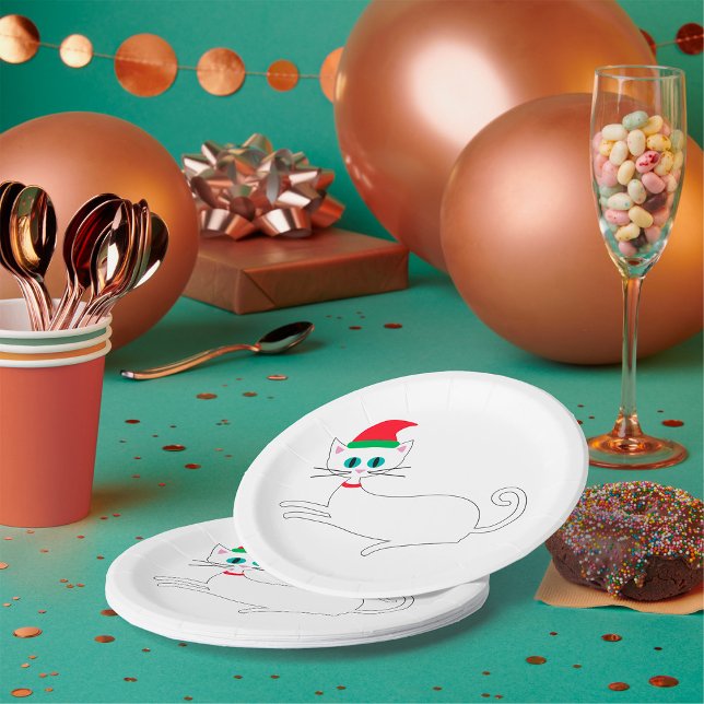 Plato De Papel Gato de Navidad con sombrero de Santa (Subido por el creador)