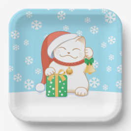 Plato De Papel Gato de Navidades blancos en un Gorra rojo