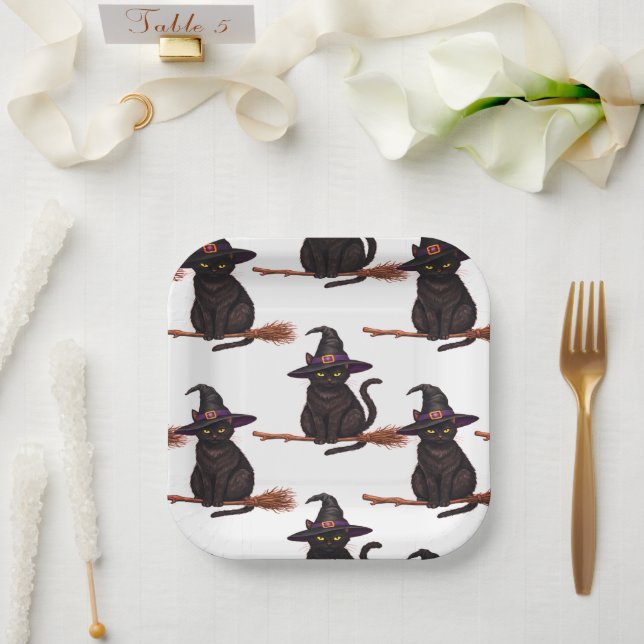 Plato De Papel Gato de personalizado Halloween Witch (Boda)