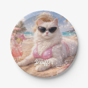 Plato De Papel Gato de Playa Glamuroso con Gafas de Sol