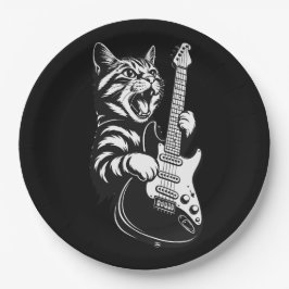 Plato De Papel Gato de Roca Tocando Guitarra Eléctrica | Amor por