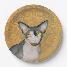 Plato De Papel Gato de Sphynx del damasco del oro del vintage por