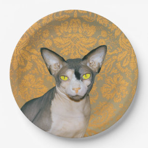 Plato De Papel Gato de Sphynx del damasco del oro del vintage por