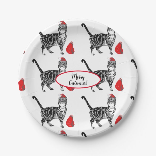 Plato De Papel Gato de Tabby Navidades Cats Red White Funny (Anverso)
