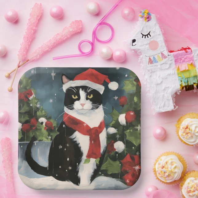 Plato De Papel Gato de Tuxedo en Navidades de nieve (Fiesta)
