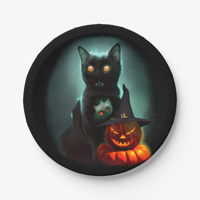 Plato De Papel Gato de vampiros y mago calabaza Halloween Surreal (Anverso)