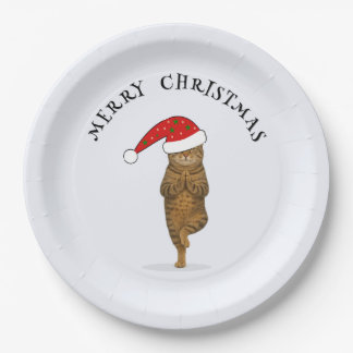 Plato De Papel gato de yoga de Navidad tu texto