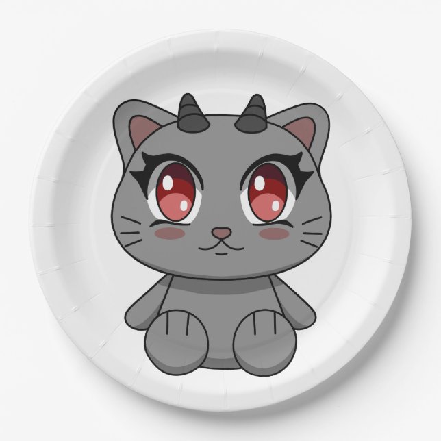 Plato De Papel Gato Demon Cute Kawaii (Anverso)