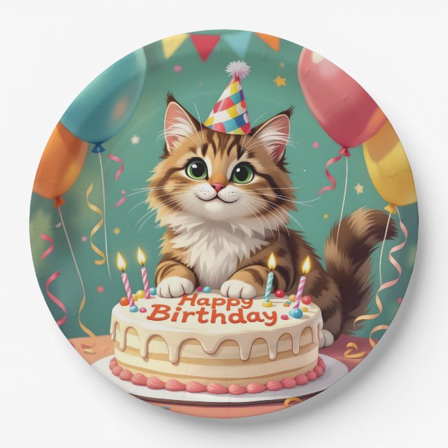 Plato De Papel Gato divertido de cumpleaños feliz (Anverso)