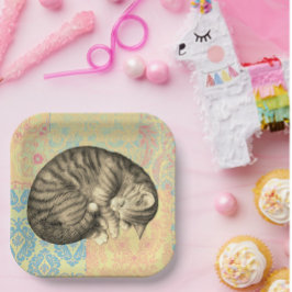 Plato De Papel Gato durmiendo en el quilt lindo