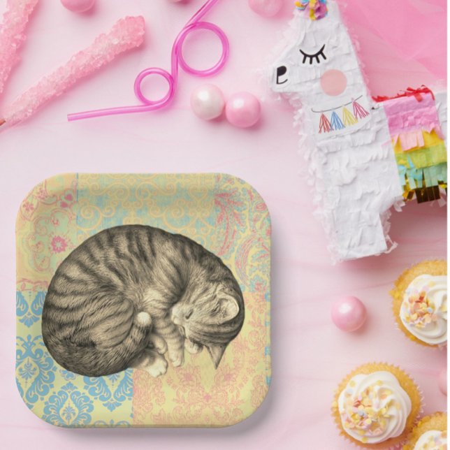 Plato De Papel Gato durmiendo en el quilt lindo (Subido por el creador)