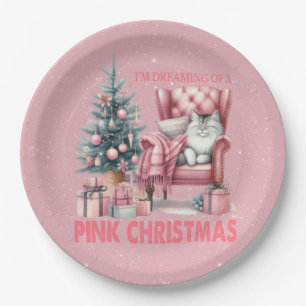Plato De Papel Gato durmiendo que sueño con un Navidad rosado