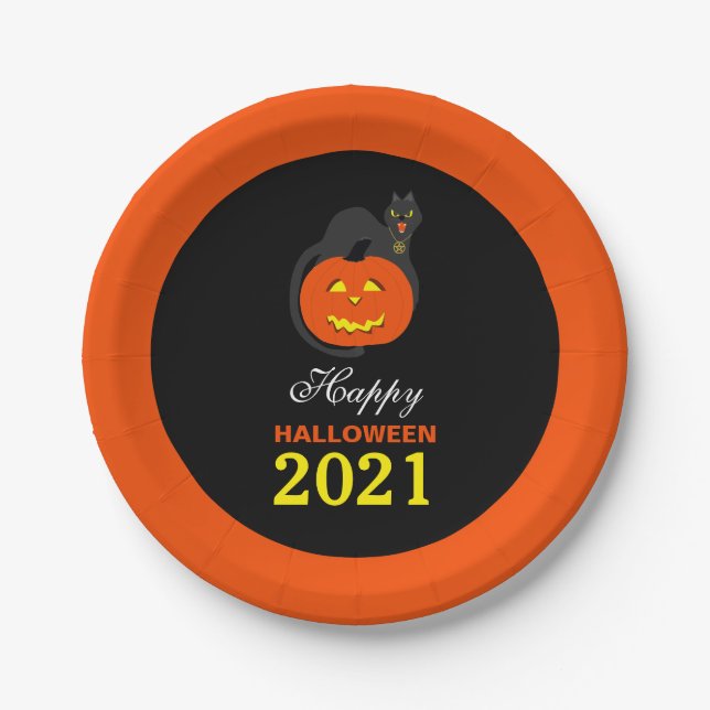 Plato De Papel Gato en calabaza, Feliz Halloween (Anverso)