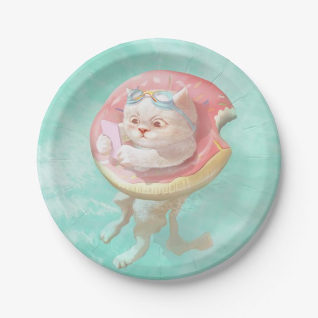 Plato De Papel Gato en el flote de la piscina de Donut (Anverso)