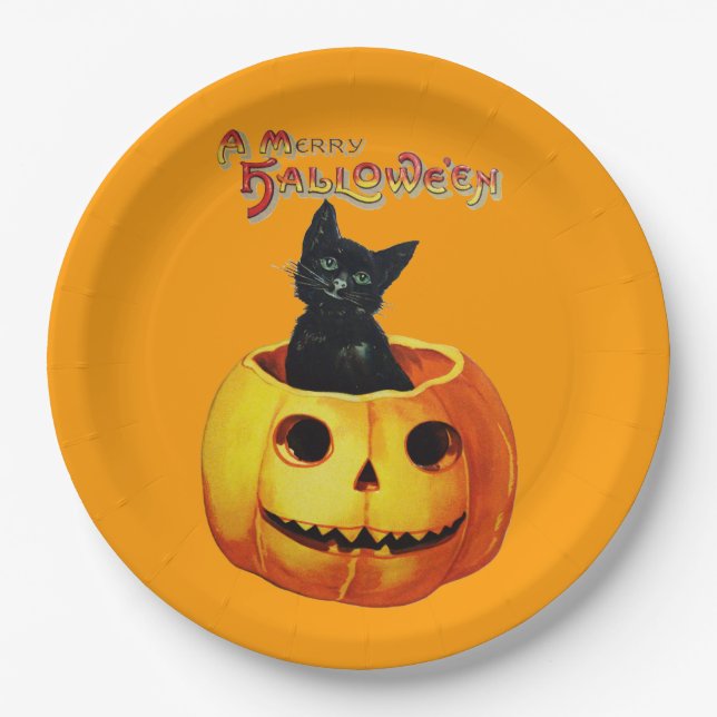 Plato De Papel Gato en placas de calabaza Halloween (Anverso)
