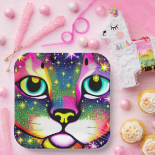 Plato De Papel Gato Face Close Pop Art