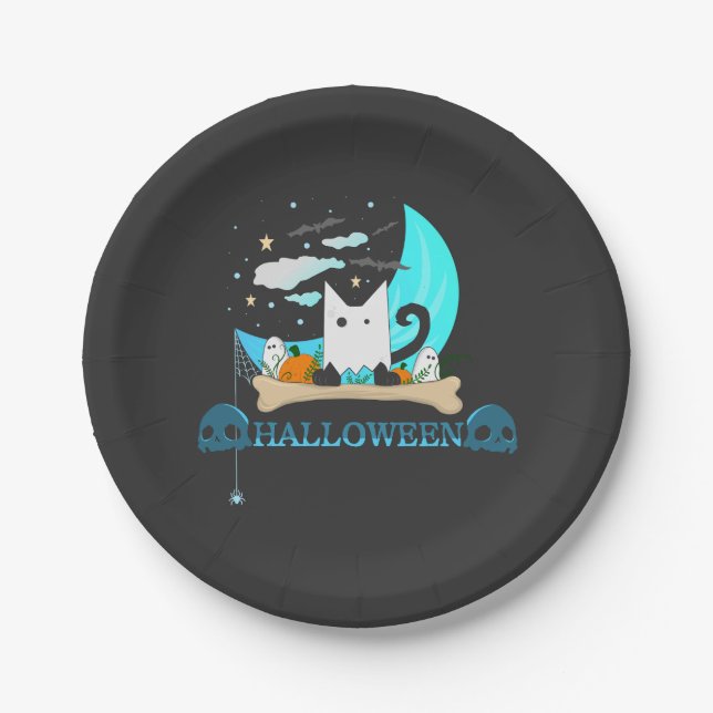 Plato De Papel Gato fantasma juguetón la noche de Halloween (Anverso)
