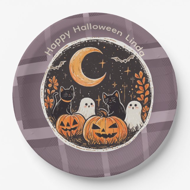Plato De Papel Gato fantasma lindo de Halloween (Anverso)