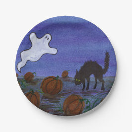 Plato De Papel Gato fantasma y negro en el parche de calabaza
