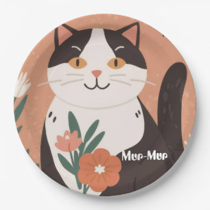 Plato De Papel Gato Feliz Custom Lindo con Flores de Primavera 