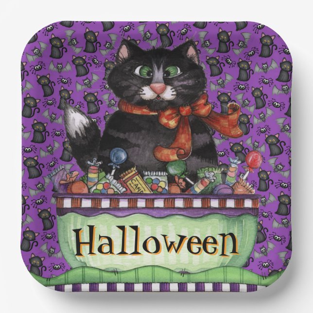Plato De Papel Gato feliz de Halloween (Anverso)