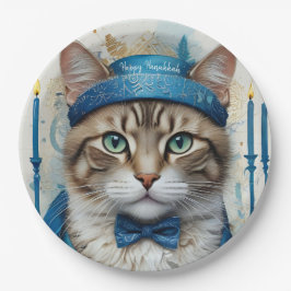Plato De Papel Gato festivo disfrazado de saludo en Hanukkah