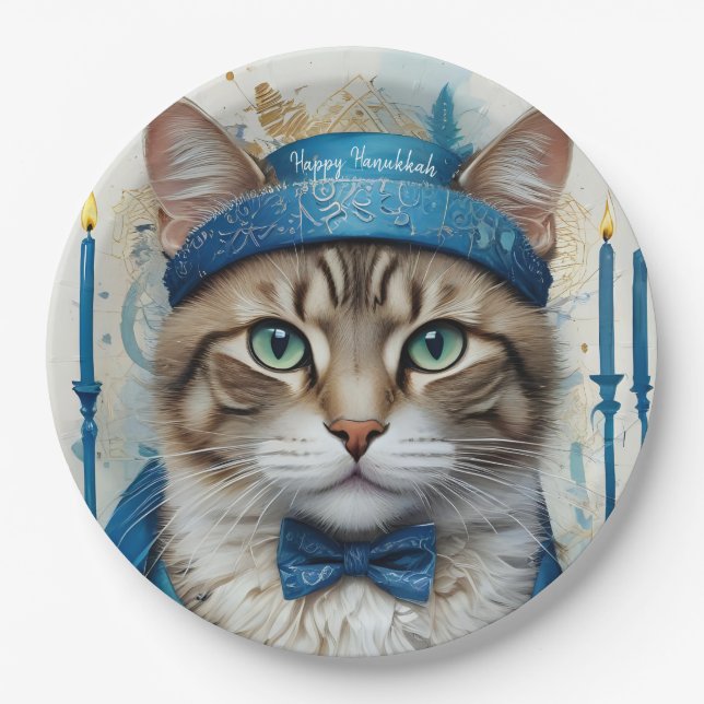 Plato De Papel Gato festivo disfrazado de saludo en Hanukkah (Anverso)